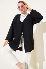 Çift Bağcıklı Poplin Kimono Siyah - S/M