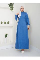 Kadın Büzgü Detaylı İpli Tesettür Elbise Mavi - S