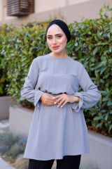 Kadın Bel Ve Kol Büzgülü Ayrobin Tunik Gri - M