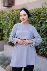 Kadın Bel Ve Kol Büzgülü Ayrobin Tunik Gri - L