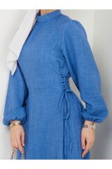 Kadın Büzgü Detaylı İpli Tesettür Elbise Mavi - 2XL