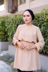 Kadın Bel Ve Kol Büzgülü Ayrobin Tunik BEJ - S