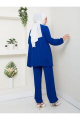 Kadın Fiyonklu Keten Pantolonlu Takım Lacivert - L