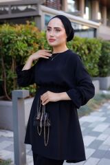 Kadın Bel Ve Kol Büzgülü Ayrobin Tunik Siyah - S