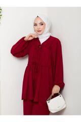 Kadın Fiyonklu Keten Pantolonlu Takım Kırmızı - M