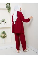 Kadın Fiyonklu Keten Pantolonlu Takım Kırmızı - M