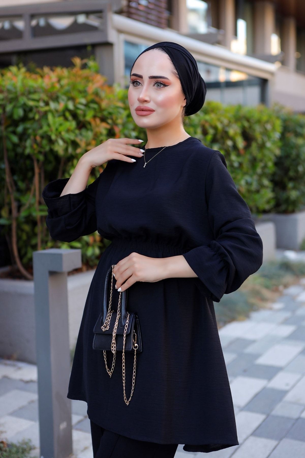 Kadın Bel Ve Kol Büzgülü Ayrobin Tunik Siyah - XL