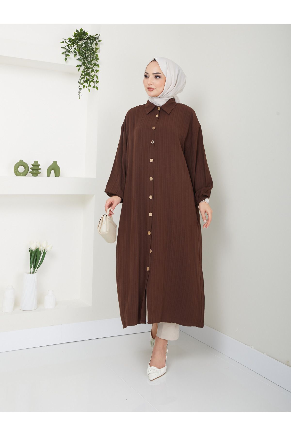 Kadın Maxi Boy Yırtmaçlı Viskon Tunik Kahverengi - 2XL