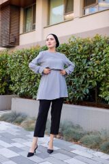 Kadın Bel Ve Kol Büzgülü Ayrobin Tunik Gri - XL