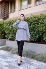 Kadın Bel Ve Kol Büzgülü Ayrobin Tunik Gri - XL