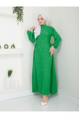 Kadın Büzgü Detaylı İpli Tesettür Elbise Yeşil - 2XL