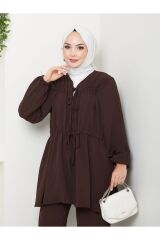Kadın Fiyonklu Keten Pantolonlu Takım Kahverengi - 2XL