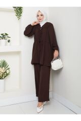 Kadın Fiyonklu Keten Pantolonlu Takım Kahverengi - 2XL