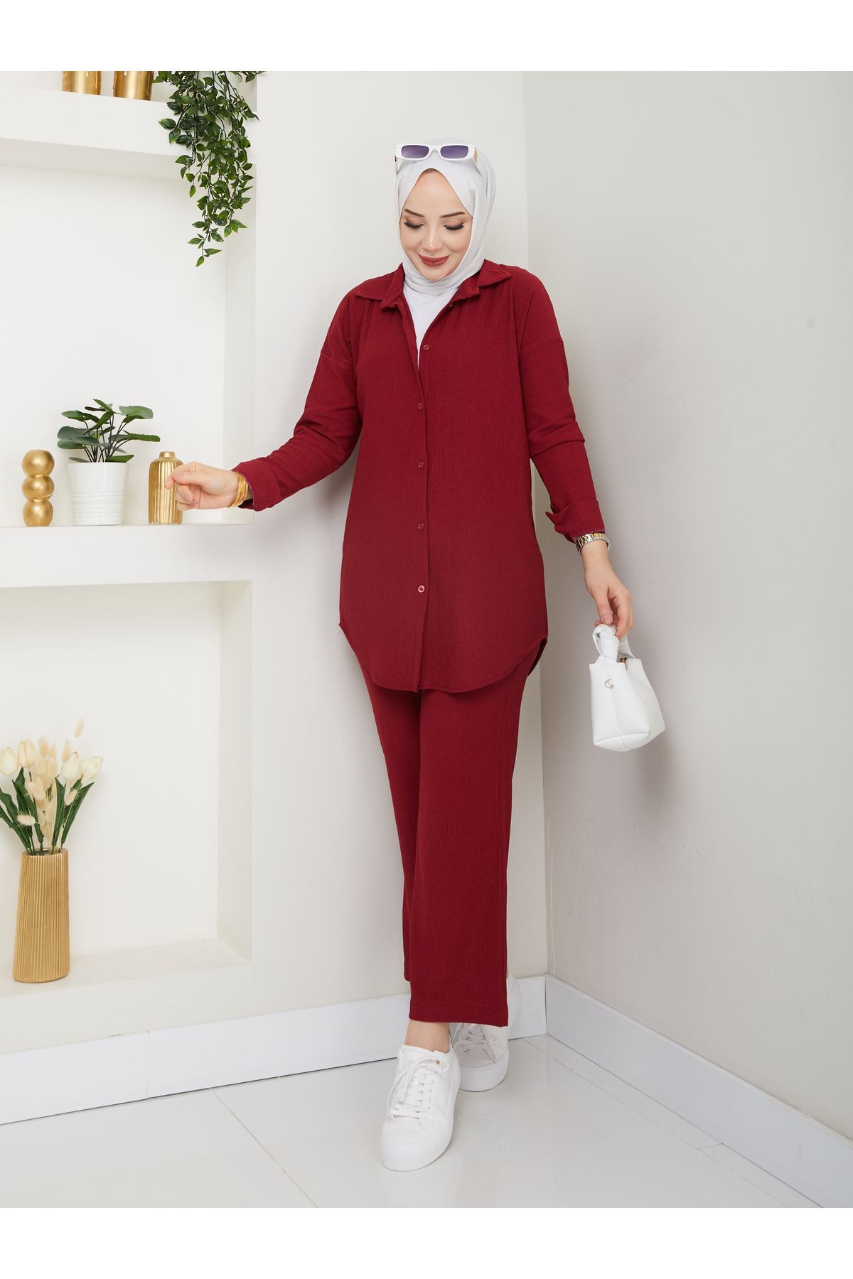Kadın Pantolonlu Tesettür Takım Bordo - XL