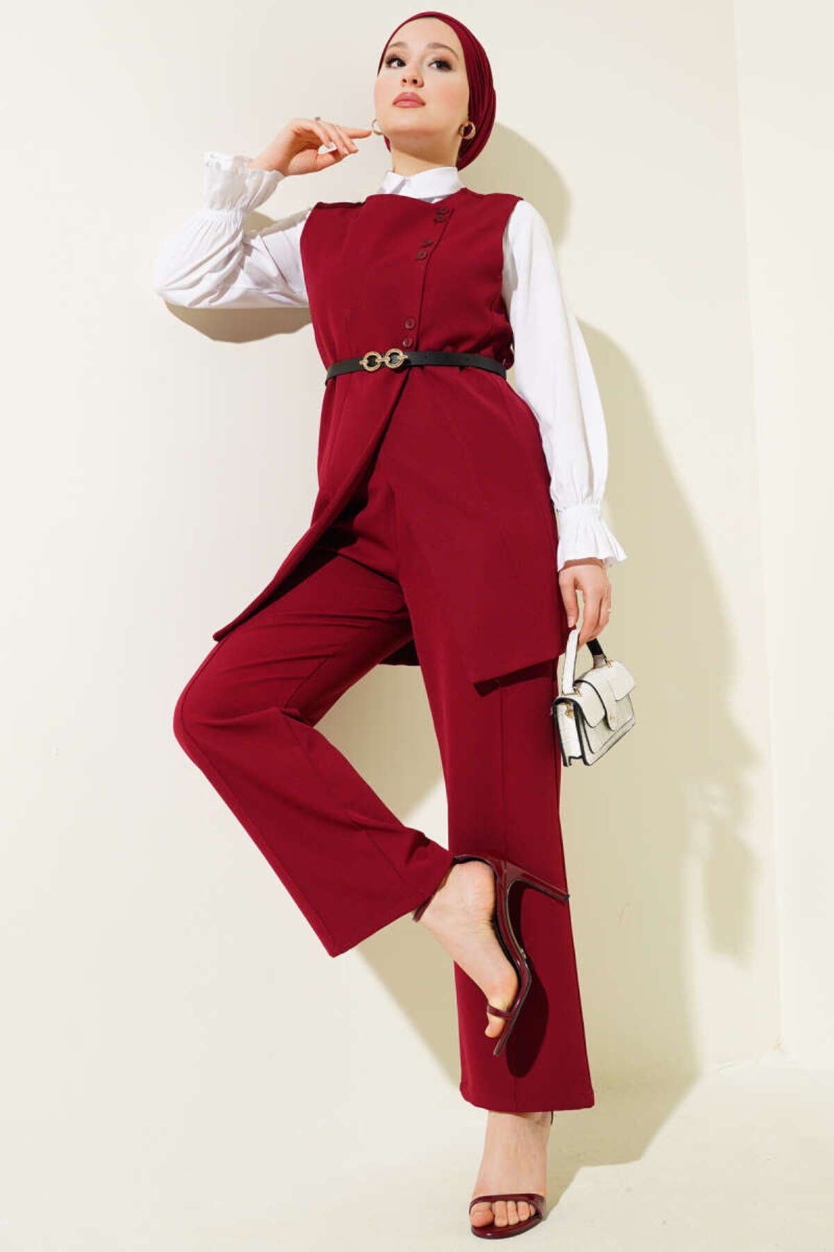 Kadın Çapraz Mini Düğmeli Yelekli Kemerli İkili Takım Bordo - 2XL