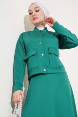Kadın Metal Düğmeli Etekli Scuba İkili Takım Yeşil - XL