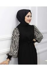 Zebra Desenli Uzun Boy Tesettür Elbise Siyah - XL