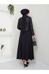 Kadın Pullu Ceket Ve Kiloş Etekli Takım Siyah - XL