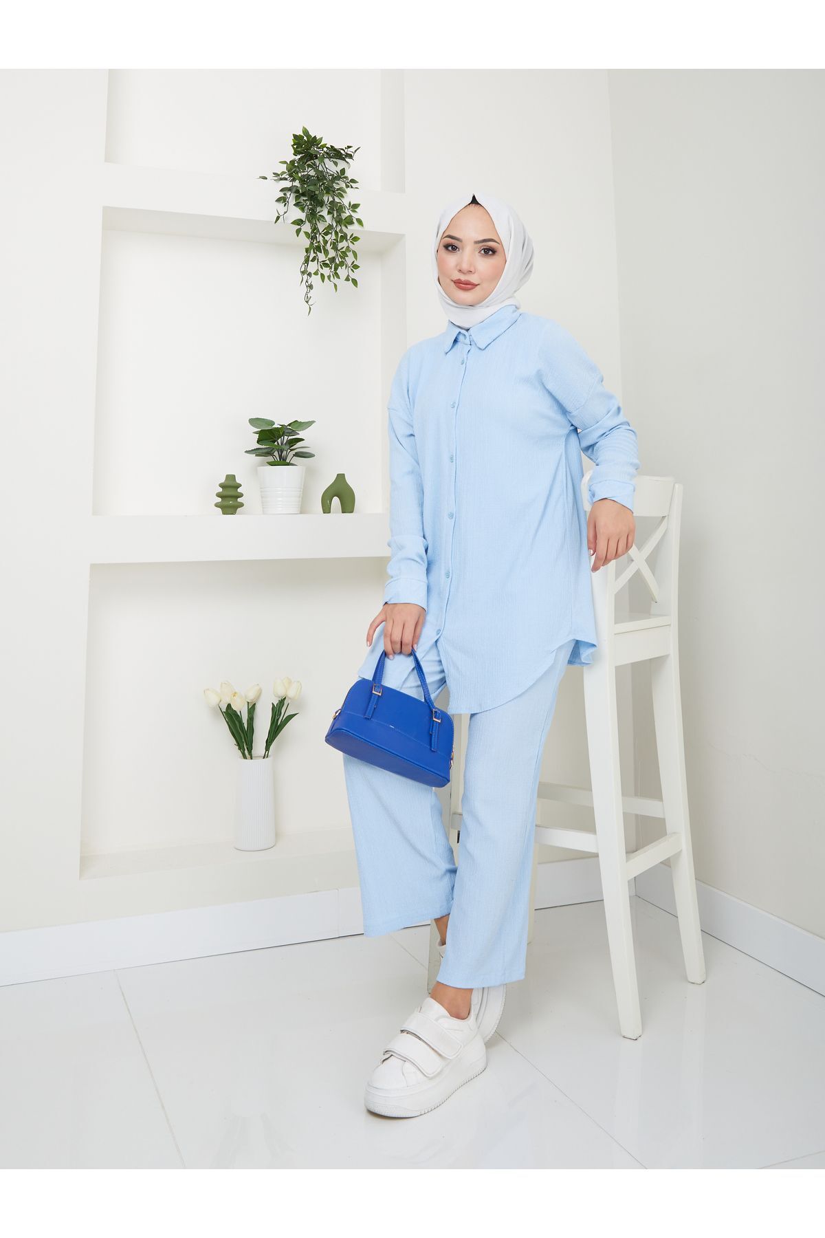 Kadın Pantolonlu Tesettür Takım Açık Mavi - 2XL