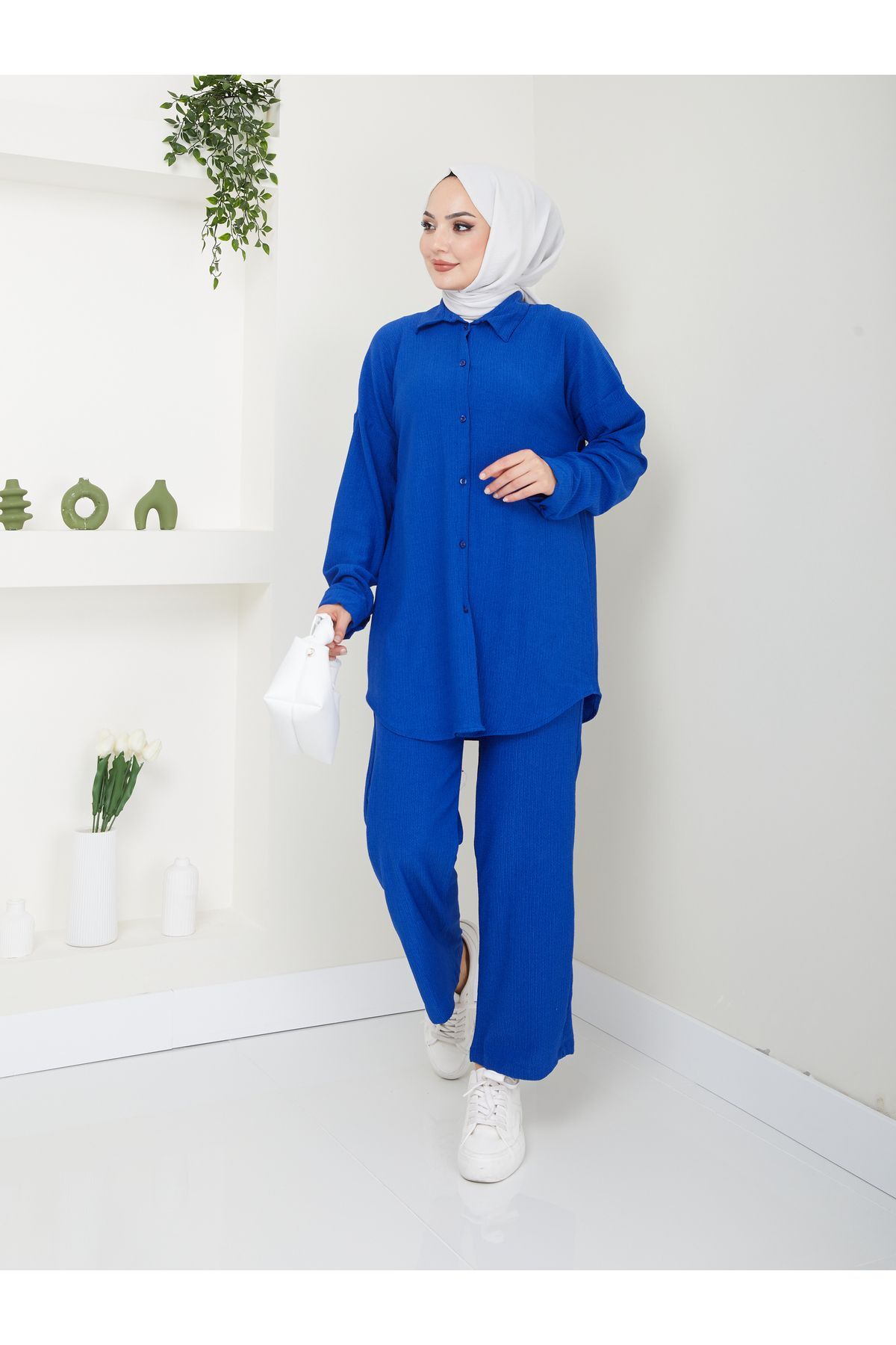 Kadın Pantolonlu Tesettür Takım Mavi - 2XL