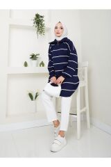Kadın Çizgili Fermuarlı Triko Tunik Lacivert - Standart
