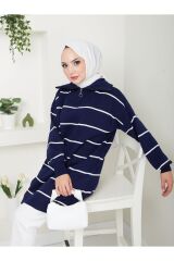Kadın Çizgili Fermuarlı Triko Tunik Lacivert - Standart