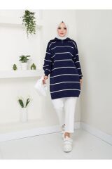 Kadın Çizgili Fermuarlı Triko Tunik Lacivert - Standart