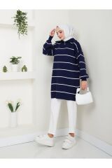 Kadın Çizgili Fermuarlı Triko Tunik Lacivert - Standart