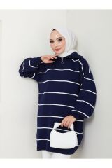 Kadın Çizgili Fermuarlı Triko Tunik Lacivert - Standart