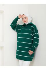 Kadın Çizgili Fermuarlı Triko Tunik ZÜMRÜT - Standart