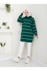 Kadın Çizgili Fermuarlı Triko Tunik ZÜMRÜT - Standart