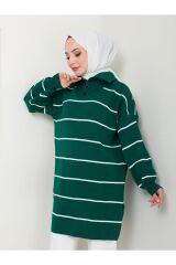 Kadın Çizgili Fermuarlı Triko Tunik ZÜMRÜT - Standart