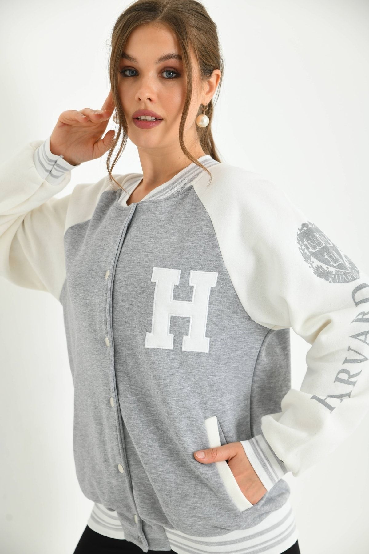 Unisex Baskılı Kolej Ceket Gri - XL