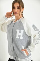 Unisex Baskılı Kolej Ceket Gri - XL