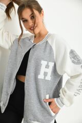Unisex Baskılı Kolej Ceket Gri - XL