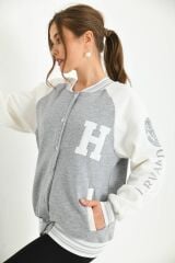 Unisex Baskılı Kolej Ceket Gri - XL