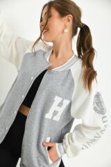 Unisex Baskılı Kolej Ceket Gri - XL