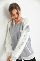 Unisex Baskılı Kolej Ceket Gri - XL