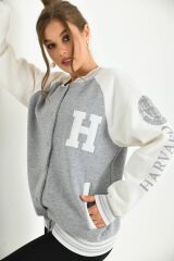 Unisex Baskılı Kolej Ceket Gri - XL