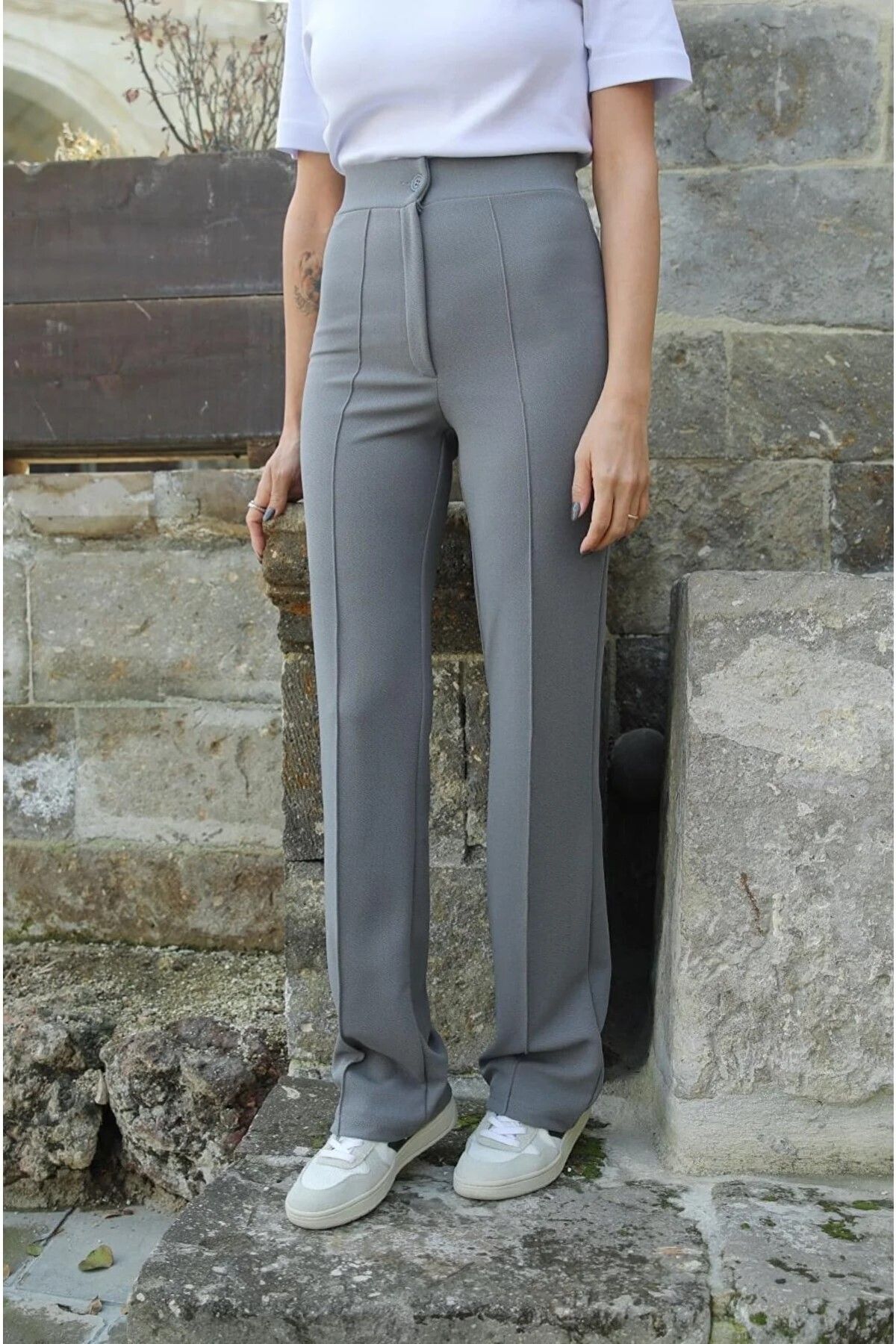 Kadın Likralı Geniş Paça Pantolon Gri - 2XL