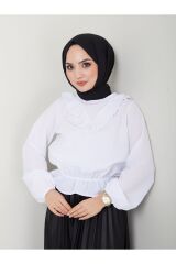 Kadın Bel Büzgülü Yaka Detaylı Tesettür Bluz Beyaz - S