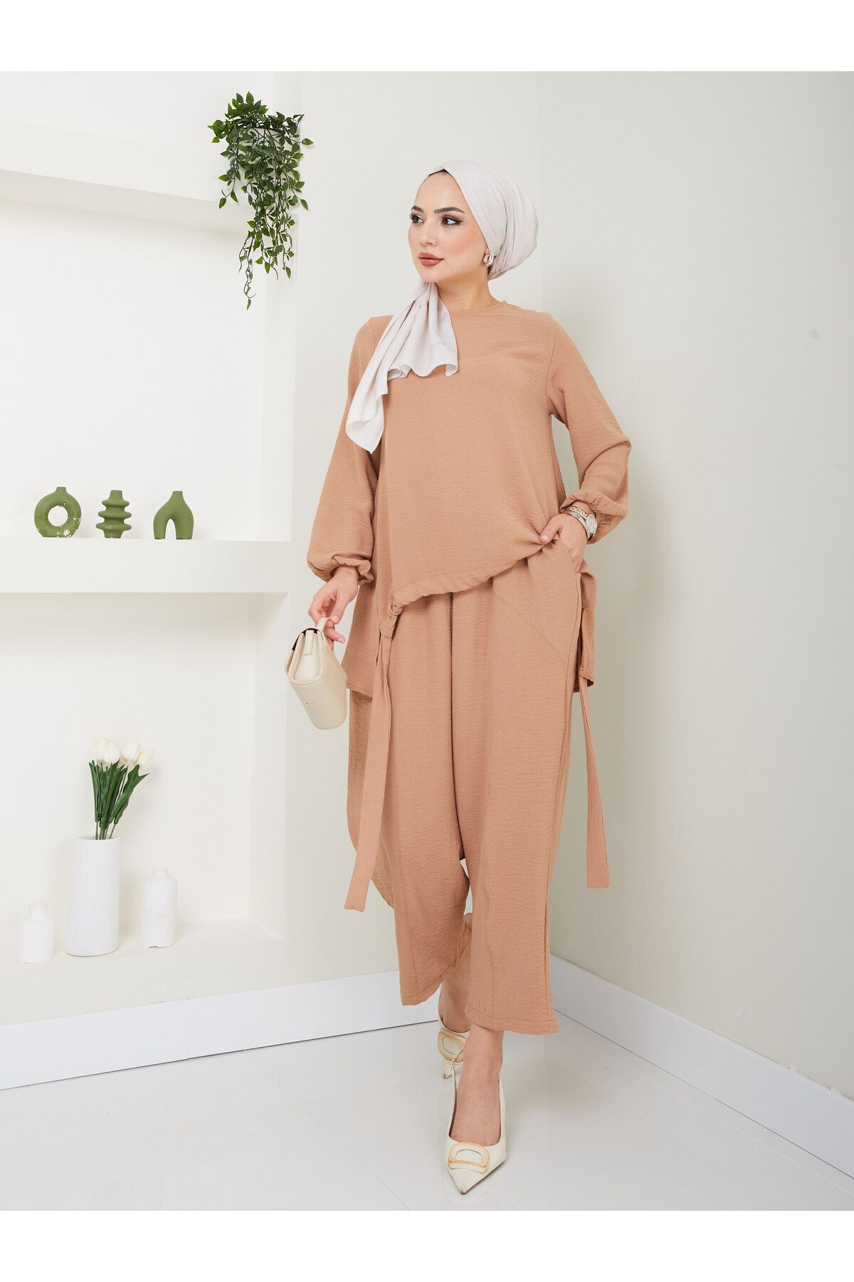 Kadın Şalvar Tesettür Takım Bej - 2XL