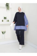 Çizgili Gömlek Detaylı Tesettür Takım Lacivert - XL