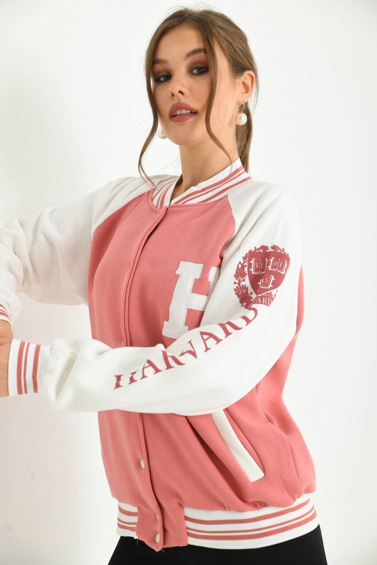 Unisex Baskılı Kolej Ceket Pembe - XL