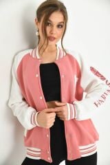 Unisex Baskılı Kolej Ceket Pembe - XL