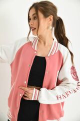 Unisex Baskılı Kolej Ceket Pembe - XL