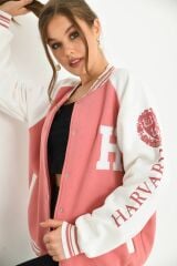 Unisex Baskılı Kolej Ceket Pembe - XL