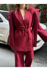 Kadın İp Bağlamalı Omuz Detaylı Astarlı Blazer Ceket Bordo - L