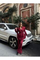 Kadın İp Bağlamalı Omuz Detaylı Astarlı Blazer Ceket Bordo - M