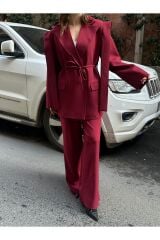 Kadın İp Bağlamalı Omuz Detaylı Astarlı Blazer Ceket Bordo - S